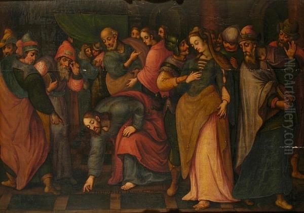 Christ And The Woman Taken In Adultery Oil Painting by Lucas Van Leyden