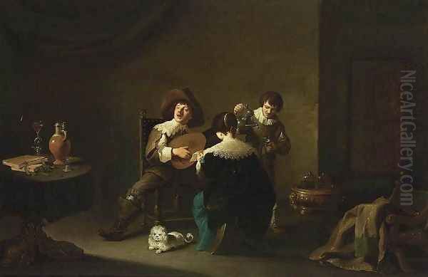 Interior with a Gentleman Playing a Lute and a Lady Singing 1640-42 Oil Painting by David The Younger Teniers