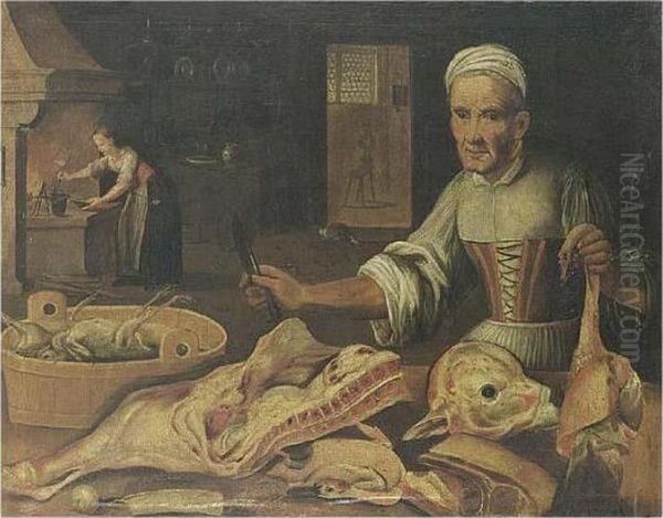 A Kitchen Still Life With A Maid
 Chopping Meat, A Duck, Meat And Chickens In A Basket All On A Table Oil Painting by Lucas Van Leyden