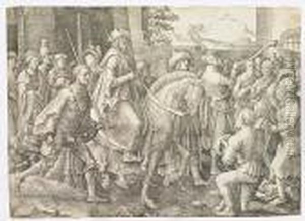 The Triumph Of Mordecai<</b> Oil Painting by Lucas Van Leyden