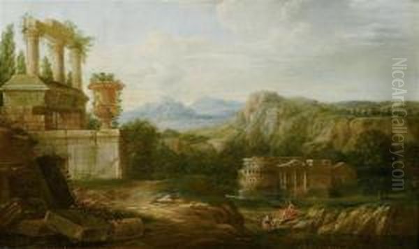 Southern Landscapes With Temple Ruins, 
Figures And Animals Oil Painting by Hendrik Frans Van Lint