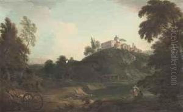 An Italianate Wooded River 
Landscape With Figures Conversing On Abank, A Town On A Hill Beyond Oil Painting by Hendrik Frans Van Lint