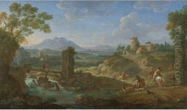 Elegant Hunting Party In An Extensive Landscape With Mountainsbeyond Oil Painting by Hendrik Frans Van Lint