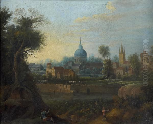 Eglise Baroque Dans Un Village Devant Une Riviere Oil Painting by Hendrik Frans Van Lint