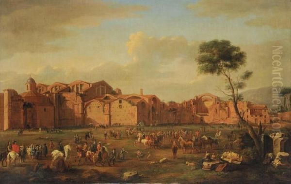 Veduta Delle Terme Di Diocleziano Con Fiera Di Cavalli Oil Painting by Hendrik Frans Van Lint