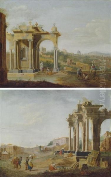 An Extensive Landscape With 
Women In The Ruins Of A Classical Building And Travellers On A Track; 
And A Landscape With Travellers And Other Figures By The Ruins Of A 
Classical Building Oil Painting by Hendrik Frans Van Lint