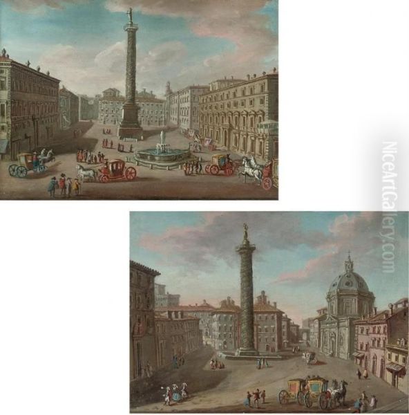 A View Of The Piazza Colonna, 
Rome, With The Column Antoninus; And A View Of The Piazza Colonna, Rome,
 With Trajan's Column And Santa Maria Di Loreto Oil Painting by Hendrik Frans Van Lint