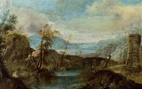 Flusslandschaft Mit Rundturm Und Brucke Oil Painting by Hendrik Frans Van Lint