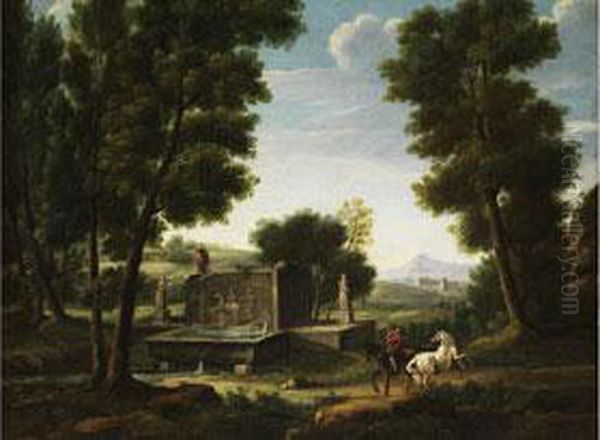 Sudliche Ideallandschaft Mit Antikem Brunnen Und Reiter Oil Painting by Hendrik Frans Van Lint