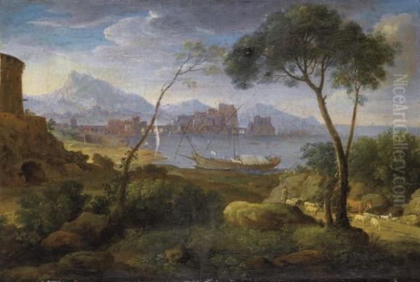 Paesaggio Costiero Con Pastore E Animali Oil Painting by Hendrik Frans Van Lint