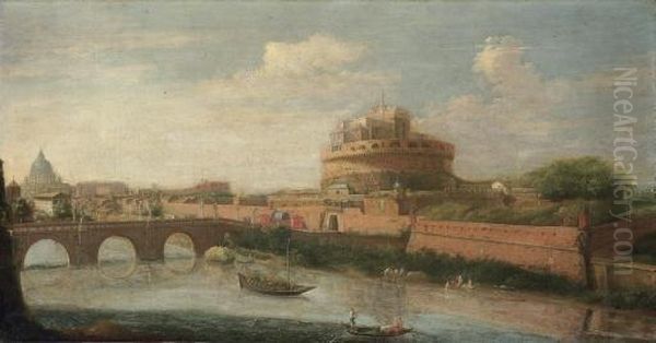 Rome: A View Of The Tiber, With The Castel Sant'angelo And St. Peter's Beyond Oil Painting by Hendrik Frans Van Lint