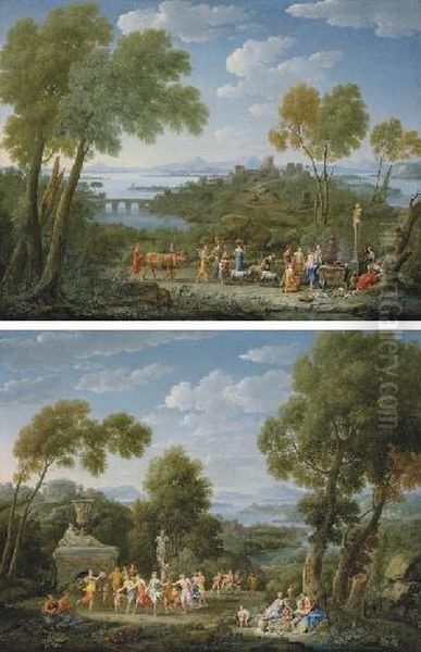 An Extensive Italianate 
Landscape With A Sacrifice Before A Term Of Pan; And An Extensive 
Italianate Landscape With A Bacchic Revel Oil Painting by Hendrik Frans Van Lint