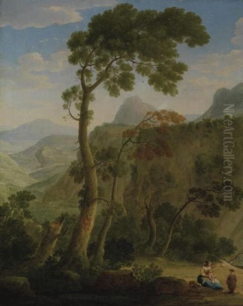 A Mountainous Landscape With A Mother And Her Children Resting Oil Painting by Hendrik Frans Van Lint