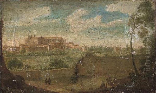 A Wooded Landscape With Figures 
By A Wall In The Foreground And A View Of The Basilica Of St John 
Lateran, Rome Beyond Oil Painting by Hendrik Frans Van Lint