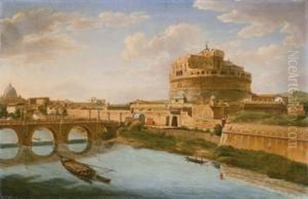 The Tiber, Rome, With The Ponte 
And Castel Sant' Angelo, The Basilica Of St. Peter's Beyond Oil Painting by Hendrik Frans Van Lint