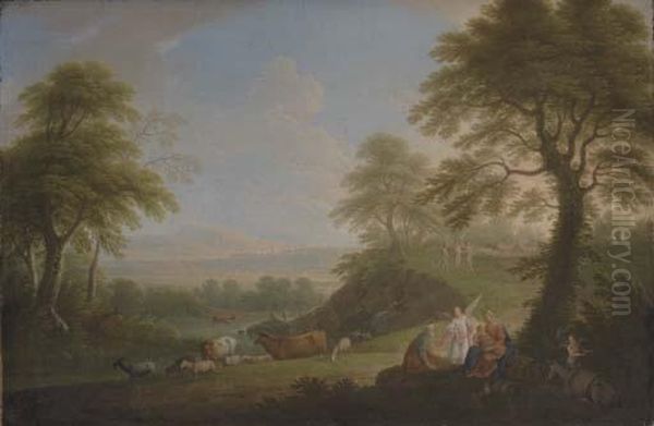 An Extensive Italianate Landscape With The Rest On The Flight Into Egypt Oil Painting by Hendrik Frans Van Lint