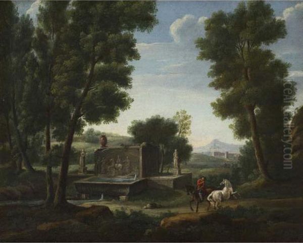 Paesaggio Campestre Con Cavaliere E Fontanile Oil Painting by Hendrik Frans Van Lint