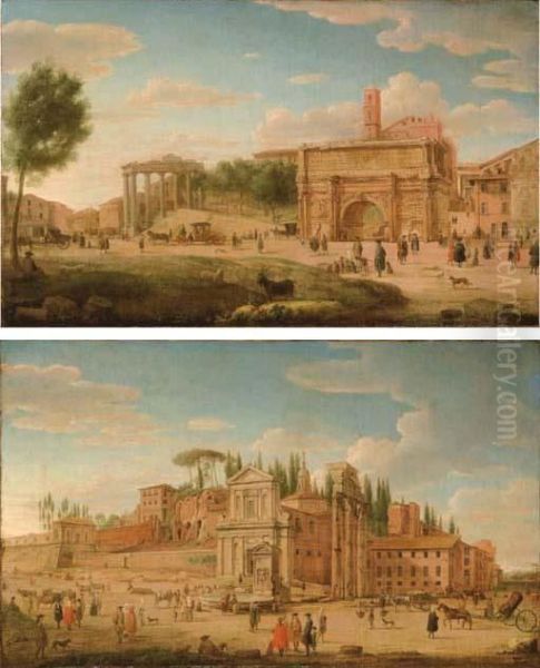 Roma, Veduta Del Foro Romano Con L'arco Di Settimio Severo E La Torre Del Campidoglio Oil Painting by Hendrik Frans Van Lint