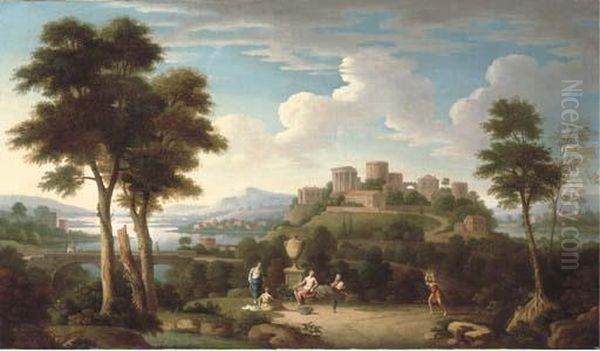 An Italiante Landscape Oil Painting by Hendrik Frans Van Lint