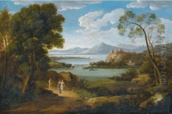 A Classical River Landscape With Three Figures On A Path, A Hilltop Town In The Distance Oil Painting by Hendrik Frans Van Lint