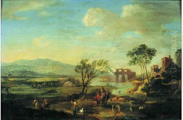 Paysage Montagneux Avec Des Ruines, Anime De Personnages Oil Painting by Hendrik Frans Van Lint