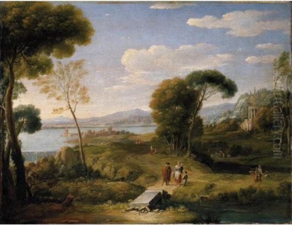 An Extensive Classical Landscape
 With Figures On A Road Before A Fortified Lakeside Town, A Temple 
Beyond Oil Painting by Hendrik Frans Van Lint