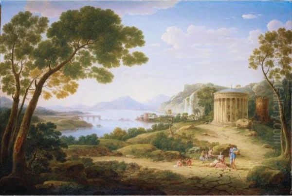 An Extensive Classical Landscape With Figures Seated Before A Tempietto Oil Painting by Hendrik Frans Van Lint