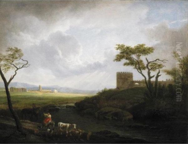 Paesaggio Della Campagna Romana Con Figure, Animali E Un Castello Oil Painting by Hendrik Frans Van Lint