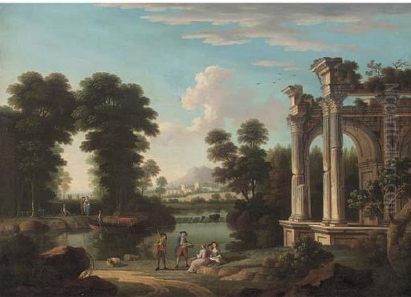 A Classical Wooded River Landscape With Elegant Company Discoursingby Ruins Oil Painting by Hendrik Frans Van Lint