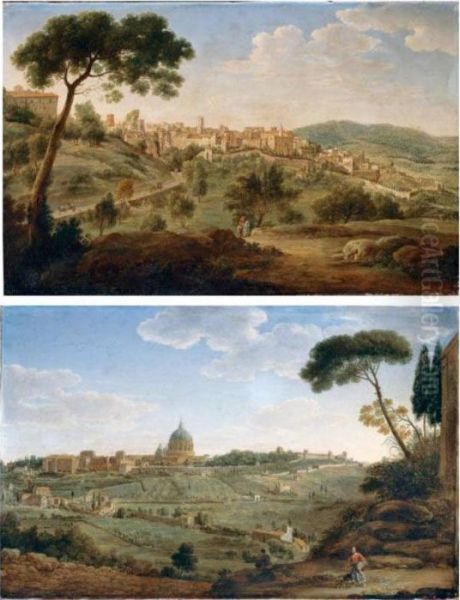 A View Of A Hilltop Town In The Roman Campagna;
 A View Of Saint Peter's Basilica And The Vatican Oil Painting by Hendrik Frans Van Lint