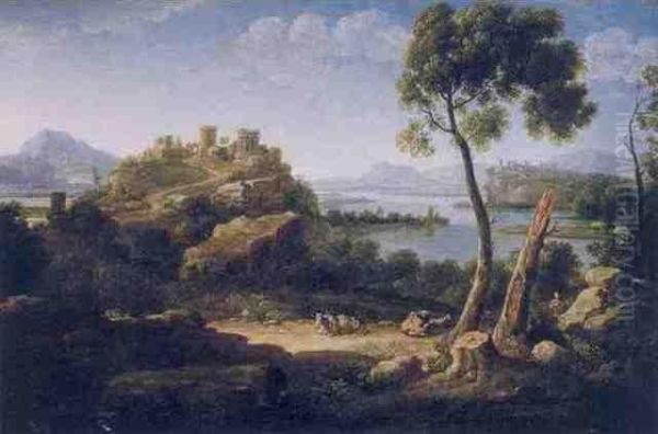 Veduta Fantasiosa Con Un Promontorio Su Di Un Corso D'acqua Oil Painting by Hendrik Frans Van Lint