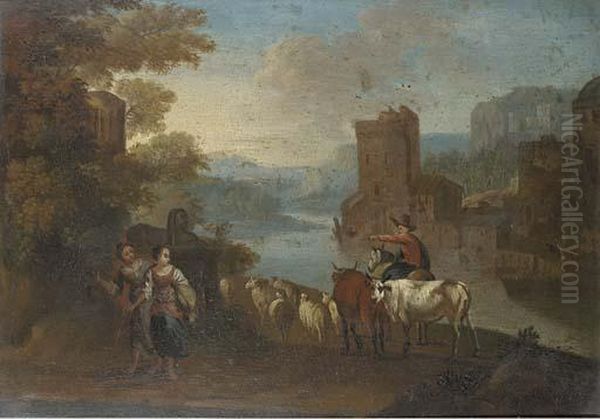 An Italianate River Landscape Oil Painting by Hendrik Frans Van Lint