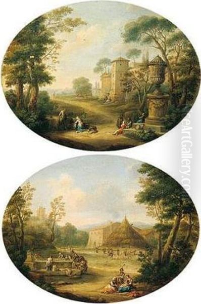 Southern Landscapes With Figures
 At A Fountain Near A Farm And Figures Resting Beside A Classical Urn On
 A Road Outside A Town Wall Oil Painting by Hendrik Frans Van Lint