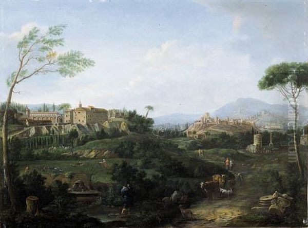 Capriccio Architettonico Con Due
 Borghi Laziali Ed Altri Edificisullo Sfondo, Con Greggi Ed Astanti Vari Oil Painting by Hendrik Frans Van Lint