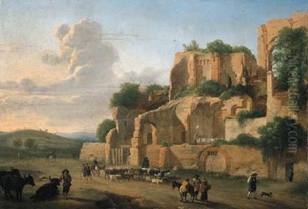 The Palatine Hill Seen From The Circus Maximus With Drovers,livestock And Other Figures Oil Painting by Hendrik Frans Van Lint