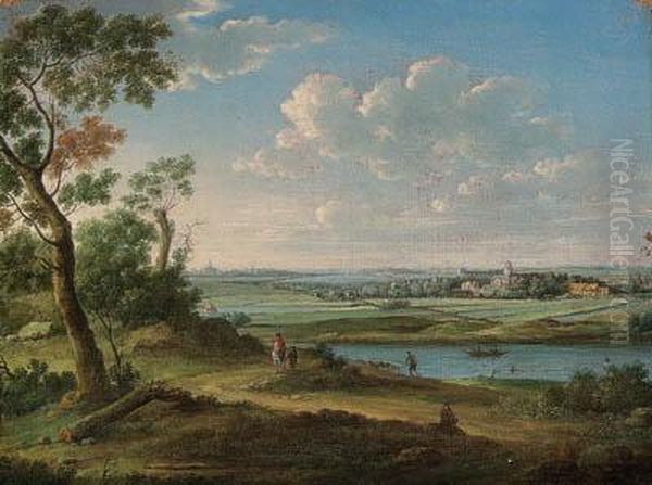 An Extensive River Landscape With A Horseman On A Path, A Churchand Town Beyond Oil Painting by Hendrik Frans Van Lint