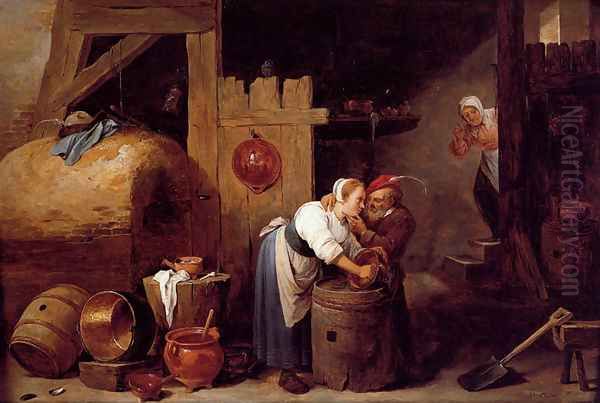 An Interior Scene With A Young Woman Scrubbing Pots While An Old Man Makes Advances Oil Painting by David The Younger Teniers