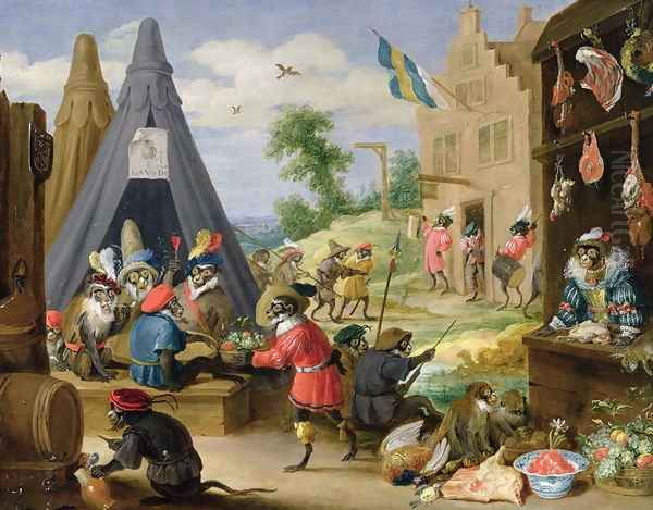 A Monkey Encampment Oil Painting by David The Younger Teniers