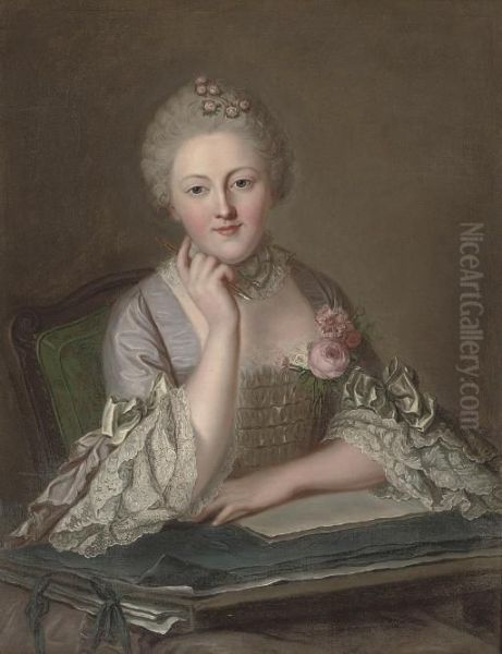 Portrait Of A Lady, Seated Half-length, At A Table Holding A Pen In Her Right-hand Oil Painting by Carle van Loo