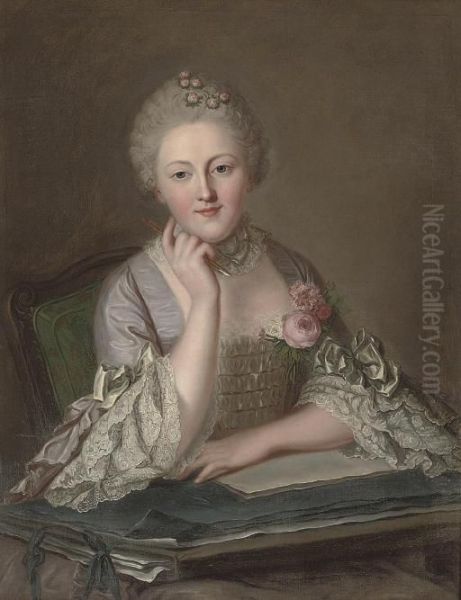 Portrait Of A Lady, Seated, Half-length, At A Table Holding A Pen In Her Right-hand Oil Painting by Carle van Loo