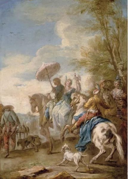 An Elegant Hawking Party Oil Painting by Carle van Loo