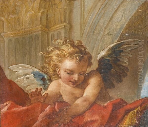 A Putto Holding A Red Cloth Oil Painting by Carle van Loo