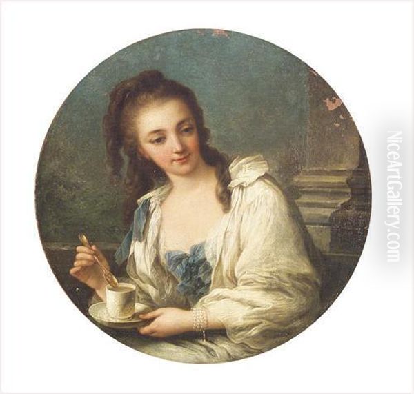 Portrait De Femme Buvant Une Tasse De Cafe Oil Painting by Carle van Loo