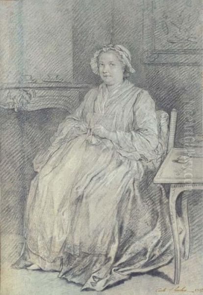 A Woman Knitting, Seated In A Domestic Interior Oil Painting by Carle van Loo