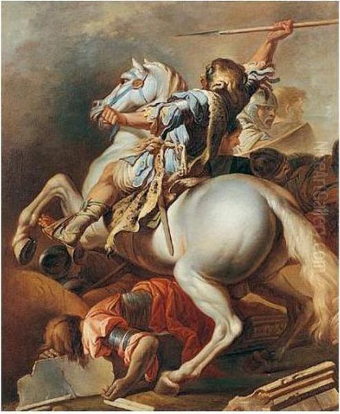 A Turkish Captain Riding His Horse Over A Soldier In A Battle Oil Painting by Carle van Loo