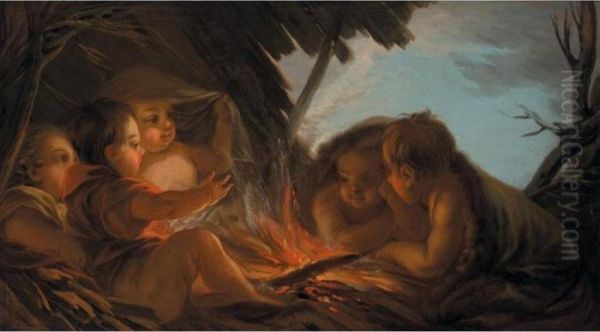 An Allegory Of Winter: Putti Gathered Around An Open Fire Oil Painting by Carle van Loo