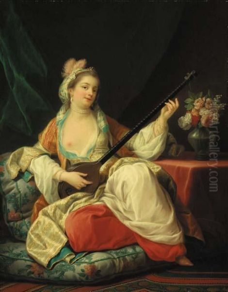 A Sultana, Reclining On A Cushion, Playing A Lute Oil Painting by Carle van Loo