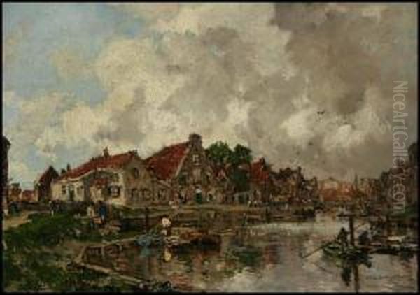 Delfthaven - Holland Oil Painting by Johann Hendrik Van Mastenbroek