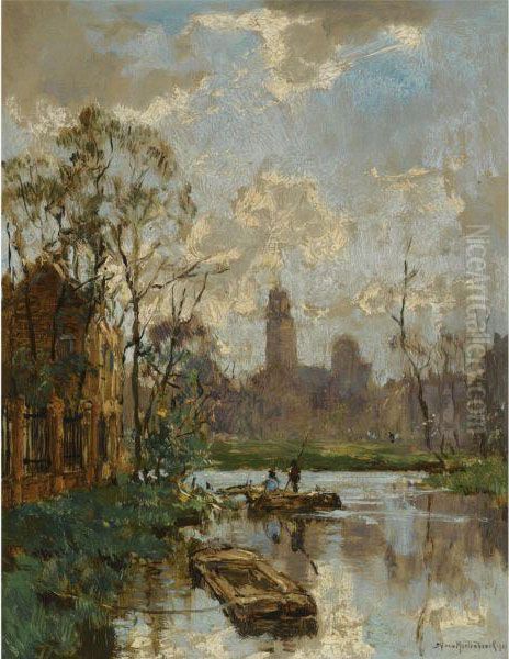 A View Of A Dutch Canal With A Bell Tower In The Background Oil Painting by Johann Hendrik Van Mastenbroek