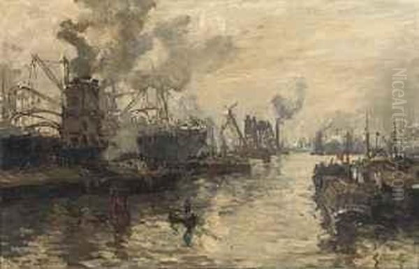 Graan Elevators Aan Het Werk: The Busy Rijnhaven, Rotterdam Oil Painting by Johann Hendrik Van Mastenbroek